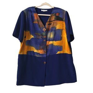 Vintage Sharon Anthony Woman Navy Blue Wearable Art Blouse Size 20W